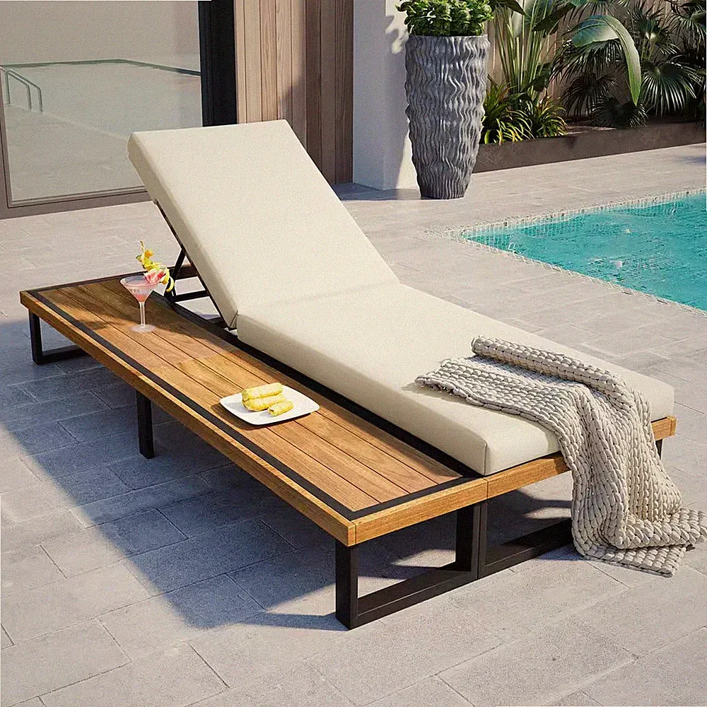 1-Piece Wood Outdoor Chaise Lounge with Beige Cushion and 5-Position Adjustable