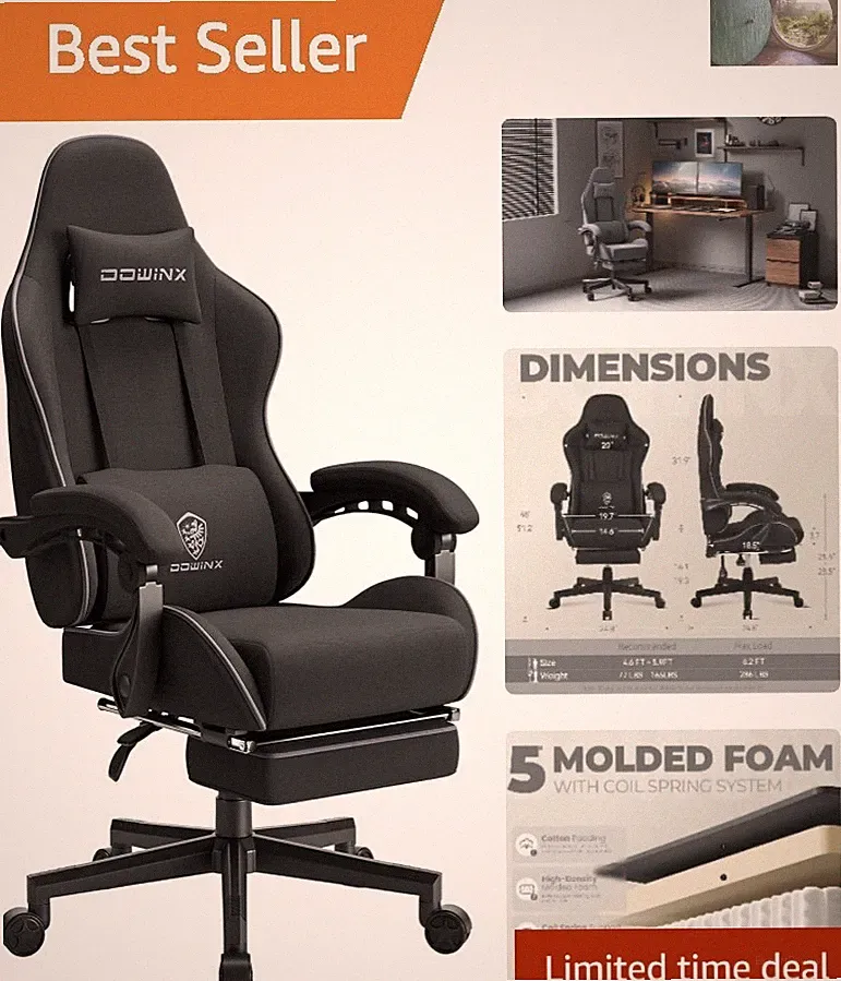 Black Fabric Ergonomic Gaming Chair with Massage & Footrest - Ideal for Adults