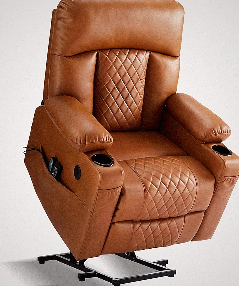 Comfort Lift Recliner with Heat & Massage, USB Ports, Light Brown Leather