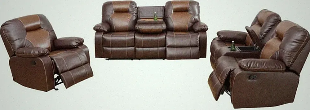 Comfortable 3-Piece Manual Leather Recliner Sofa Set for Living Room - Brown