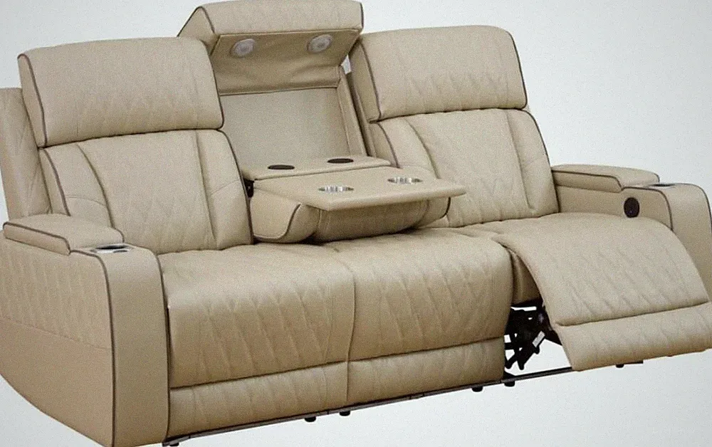 Genuine Leather Electric Recliner Sofa with USB Port - 3-Seater Beige Couch