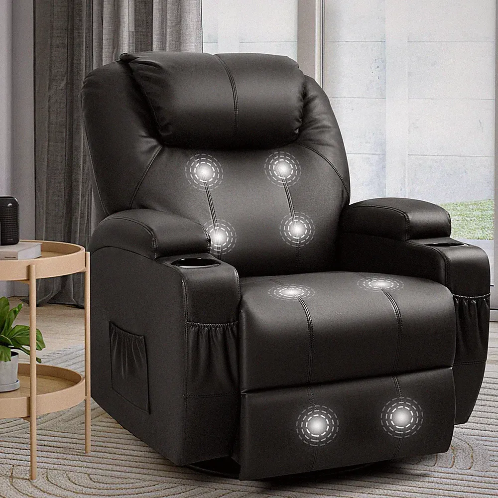 Massage Rocker Recliner Chair with 360° Swivel & Cup Holders - Black