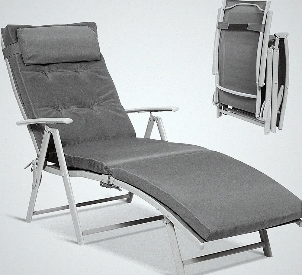 Portable Outdoor Chaise Lounge Chair with Removable Cushion & 7 Positions, Grey