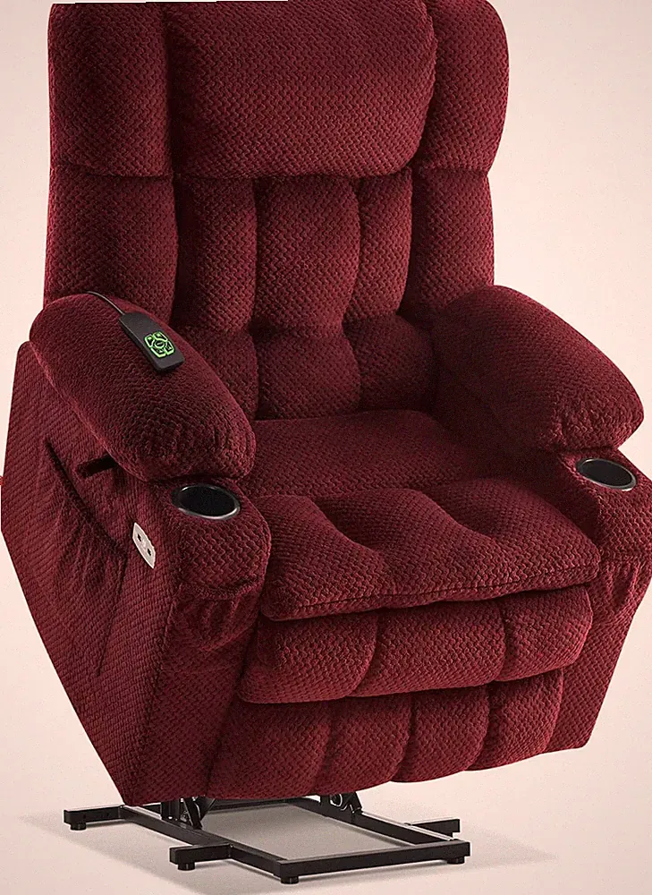 Power Lift Recliner Chair with Massage & Heat, USB, Cup Holders - Burgundy