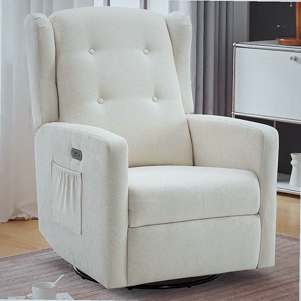 Power Swivel Rocking Recliner Chair with USB Ports - Beige Nursery Glider