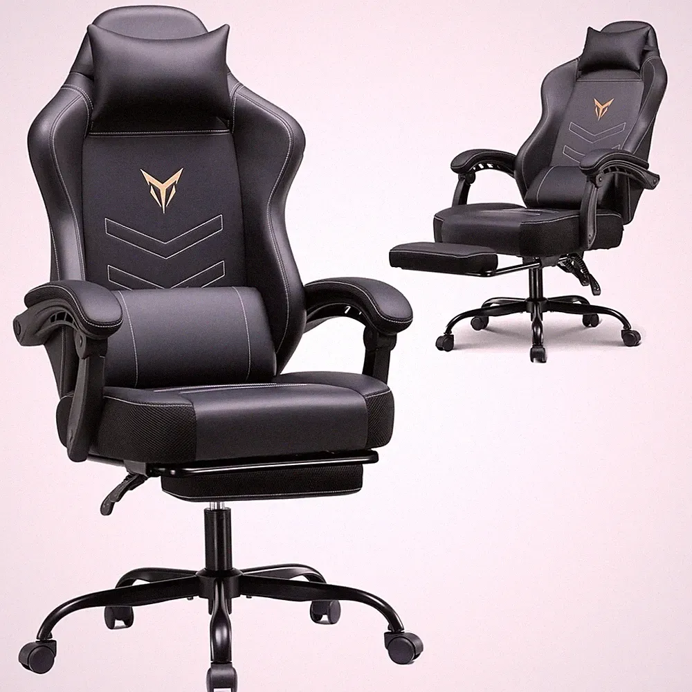 Reclining Gaming Chair with Footrest & Headrest - Stylish Black Office Chair