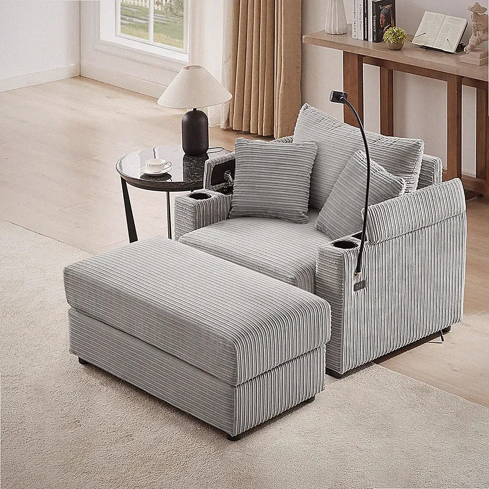 Stylish 41.7" Chaise Lounge Chair with Pillows, Cup Holders & Charge Station